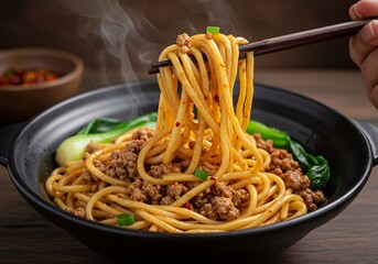 Hot noodles with meat and vegetables