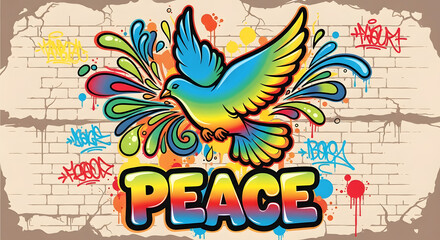 Naklejka premium Urban street art concept with a vibrant, multicolored peace dove flying over the word PEACE in a graffiti style against a brick wall
