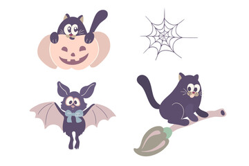 Cartoon Halloween stickers magic witchcraft. Halloween Cute Cat, Mouse, Web, Pumpkin.