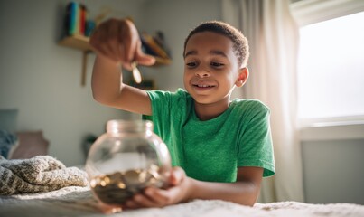 African American kids studying financial literacy, toddler learning money management and savings for future, child saving money, AI generated