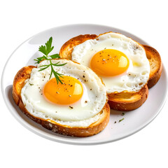 Sunny-Side-Up Toast Delight: A tantalizing composition features two perfectly cooked sunny-side-up eggs perched atop slices of golden toast, served on a pristine white plate.