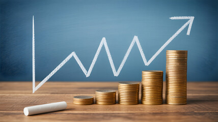 Stacked Gold Coins With Rising Line Graph On Chalkboard Representing Finance Growth Investment Success Business Profit