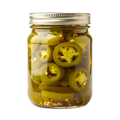 Pickled Jalapeños in Jar: A close-up shot captures a glass jar filled with perfectly preserved pickled jalapeños, their vibrant green hue and fiery chili flakes suspended in a tangy brine.