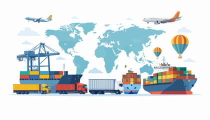 Global logistics and international shipping with various transport modes against a world map background.