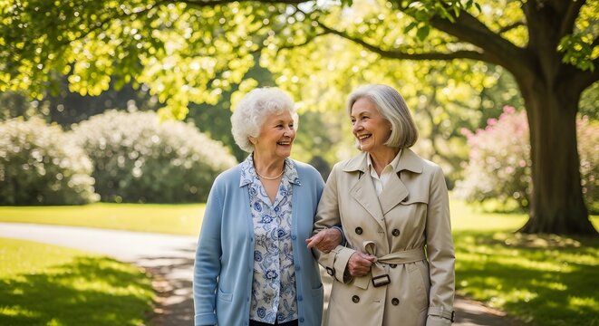 Two smiling elderly women arm in arm walking on a path in a park on a sunny day.
