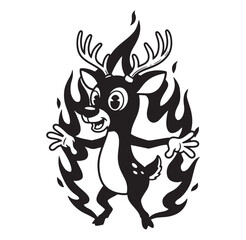 Fototapeta premium Cheerful cartoon deer character surrounded by flames in bold black and white vector illustration