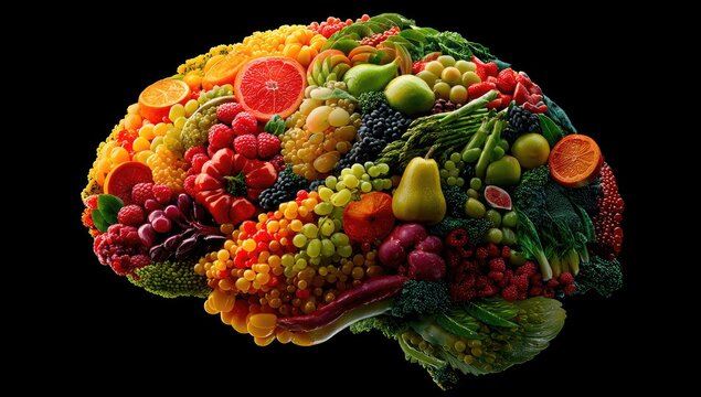 Colorful fruits and vegetables arranged to resemble a brain