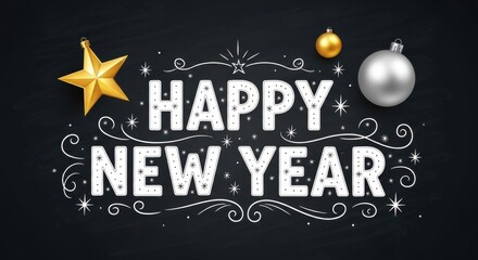 Happy new year text with festive decorations including a golden star and silver bauble on a dark textured background