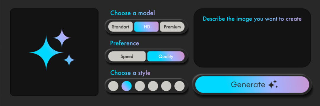 Generate AI image user interface dark theme with tools, button, window for promt text trendy style. Artificial intelligence buttons trendy neumorphic for ui ux element, app, website vector 10 eps