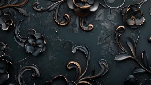 Dark metallic flowers with ornamentation on a black textured background. Suitable for interior design, tattoo art, music album covers, and dark fantasy art projects.
