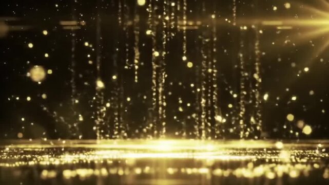 Golden sparkling rain effect over shimmering surface, ideal for backgrounds, overlays, and graphic designs needing luxury and elegance.
