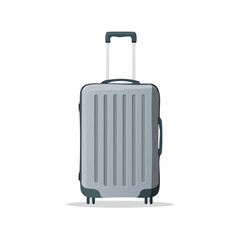 Modern gray ribbed suitcase with telescopic handle and wheels, isolated on white background
