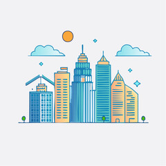 Obraz premium Modern city skyline illustration with tall buildings and clouds against a bright sky