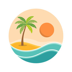 Obraz premium Tropical Paradise A Serene Beach Scene with a Palm Tree, Sun, and Ocean Waves