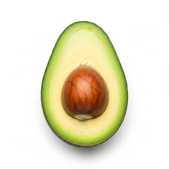​"A ripe avocado, cut open to show the pit, centered on a pure white background, no shadows."