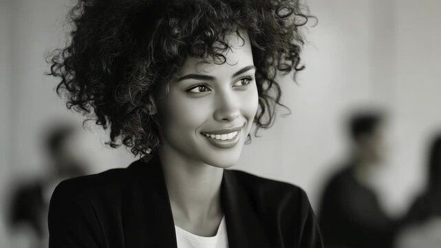 A confident, modern professional portrait of a young businesswoman in an office environment, wearing business attire with a positive and approachable demeanor.