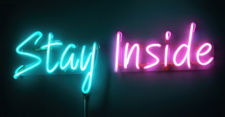 Obraz premium Neon sign displays Stay Inside. Turquoise, pink glow contrasts dark background. Simple message, modern aesthetic. Bright illumination, inviting feel.