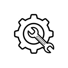 Outline icon of a wrench inside a gear representing mechanical repair service and engineering solutions