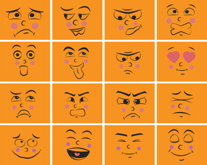 Cartoon face with facial expressions, cute emoji faces, comic character reaction, emotions icons, funny eyes and mouth elements for animation, stickers. Vector vintage mascot isolated set