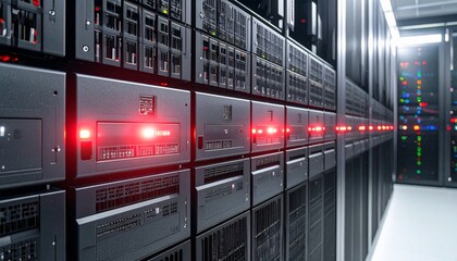 Rows of modern computer servers with red lights in a data center.