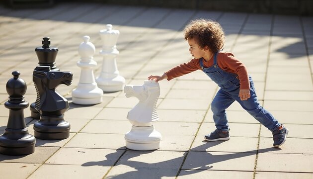 Young curly-haired boy playing giant chess on outdoor tile surface  