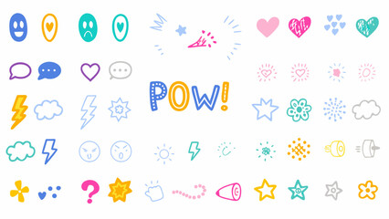 Illustration showcasing a variety of hand drawn icons including hearts, stars, clouds and speech bubbles