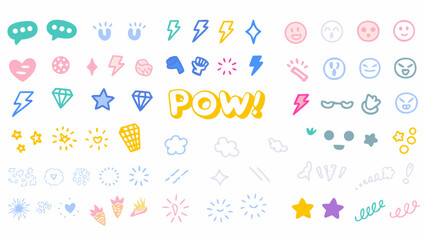 Illustration featuring speech bubbles, lightning bolts, diamonds, faces and pow word art