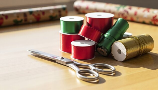 Ribbon rolls and scissors for Christmas preparation on wooden table  