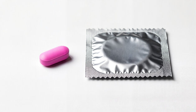 Pink pills and condom on white background - Powered by Adobe
