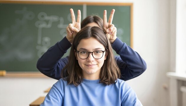 Student making bunny ears sign to another student in classroom  
