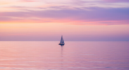 Obraz premium Sailing Boat on Calm Sea at Colorful Sunset Horizon