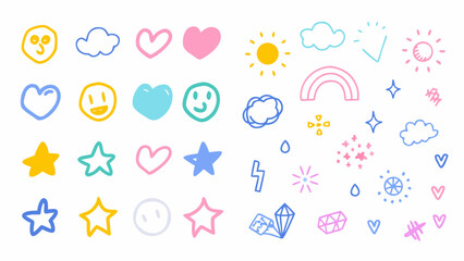 Illustration of hand drawn style icons including hearts stars clouds suns rainbow diamonds and smiley faces