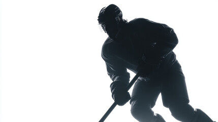 Fototapeta premium Ice Hockey Player Silhouette Skating with Stick on White Background Photo