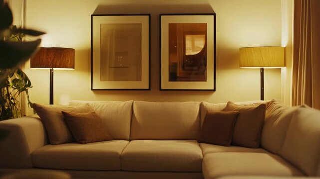 The video features a modern living room at night with stylish furniture, including a white couch and a lamp. The space is accentuated by wall art, framed pictures, and decorative items that create a