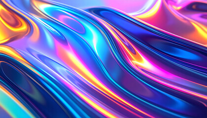 Naklejka premium Dynamic iridescent waves of liquid chrome with vibrant neon light reflections creating a smooth, glossy texture
