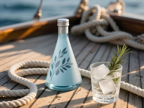 Decorative blue triangular bottle with leaf motif and cocktail glass with rosemary on yacht deck in summer light