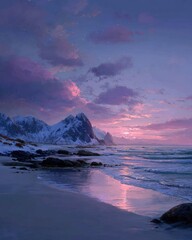 Naklejka premium Snowy, serene coastal sunset scene. Soft pink/purple hues