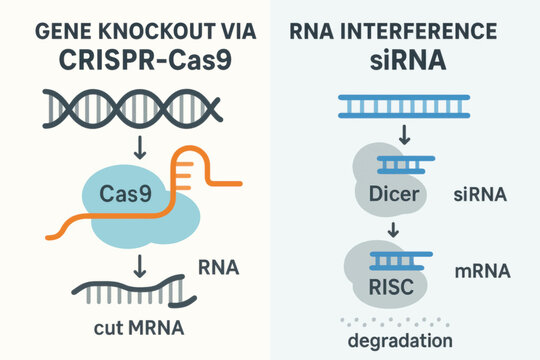 Vector comparison chart of CRISPR gene knockout and RNA interference pathways using Cas9 and siRNA, for educational biomedical visuals.