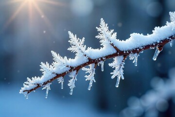 Obraz premium Intricate ice crystals, resembling a snowfall, delicately adorn a frozen branch A mesmerizing winter scene of frozen beauty and natural wonder , frozen, amazing