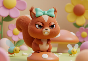 Cartoon squirrel character on mushroom with flowers