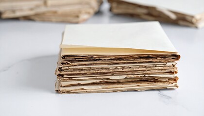Stack of old, yellowed paper sheets with rough edges on a marble surface. Vintage texture and historical feel.