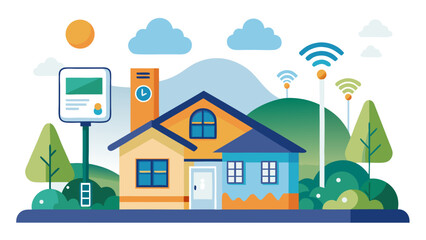 A house with a phone, tablet, and laptop on the front porch. The house is surrounded by trees and has a blue roof