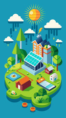 A drawing of a solar powered city with a house, a bus, and a tree. The drawing is colorful and shows the interconnectedness of the different elements in the city