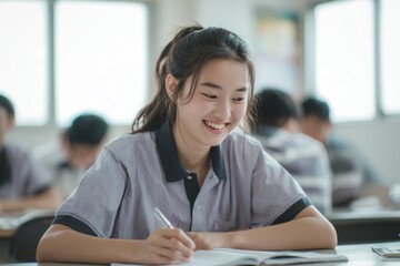 Asian high school student, female student in study room