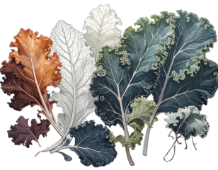 Set of Minimalist Kale Leaves, Top-Down Arrangement, isolated on transparent background.