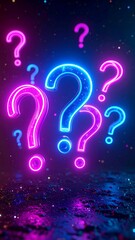 Neon question marks in a dark, glittery space
