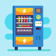 A vending machine with a red top and blue sides. The machine has a red button on the top and a red and white sign on the front. There are two trash cans next to the machine