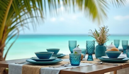 Beautifully set table with blue ceramic tableware, glassware awaits diners. Enjoy tropical oceanfront meal with turquoise water backdrop. Palm fronds frame idyllic scene, perfect for seaside getaway