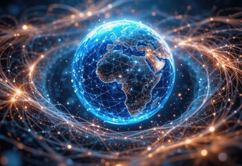 Holograma abstracto de la Tierra en 3D rodeado de ondas luminosas, que representa la conectividad, la comunicación moderna y la tecnología global avanzada