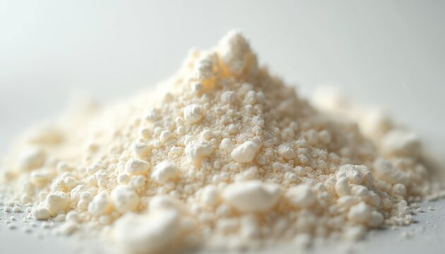 Macro view of white powdered milk with granular texture. This healthy organic ingredient, rich in protein, calcium, vitamins, is ideal for infant formula, dietary supplements, everyday nourishment.